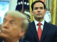 WASHINGTON, DC - JUNE 27: U.S. Secretary of State Marco Rubio attends a meeting between President Donald Trump and the Minister of Foreign Affairs and Cooperation of Rwanda Olivier Nduhungirehe and the Foreign Minister of the Democratic Republic of the Congo Thérèse Kayikwamba Wagner in the Oval Office at the White House on June 27, 2025. The meeting took place as a peace agreement brokered by the White House, which hopes to end a conflict in eastern Democratic Republic of Congo, was signed by officials of the two African nations. (Photo by Joe Raedle/Getty Images)