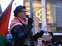 Members of more than 20 organizations gather for the demonstration and march in support of Palestinians as they unite against Zionism on International Day of Al-Quds in Times Square of New York City, on Friday, April 5, 2024.