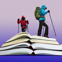 A photo illustration of mountain hikers climbing on open books.