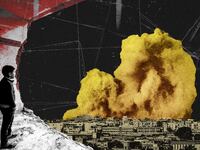 Photo illustrative collage of a destroyed building in Rafah looking over an explosion with a black background.