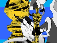 A photo illustration of stills from Inu-Oh, Night is Young, Walk on Girl, Mind Game, and Lu Over the Wall with a Golden Globe and Oscar statuette.