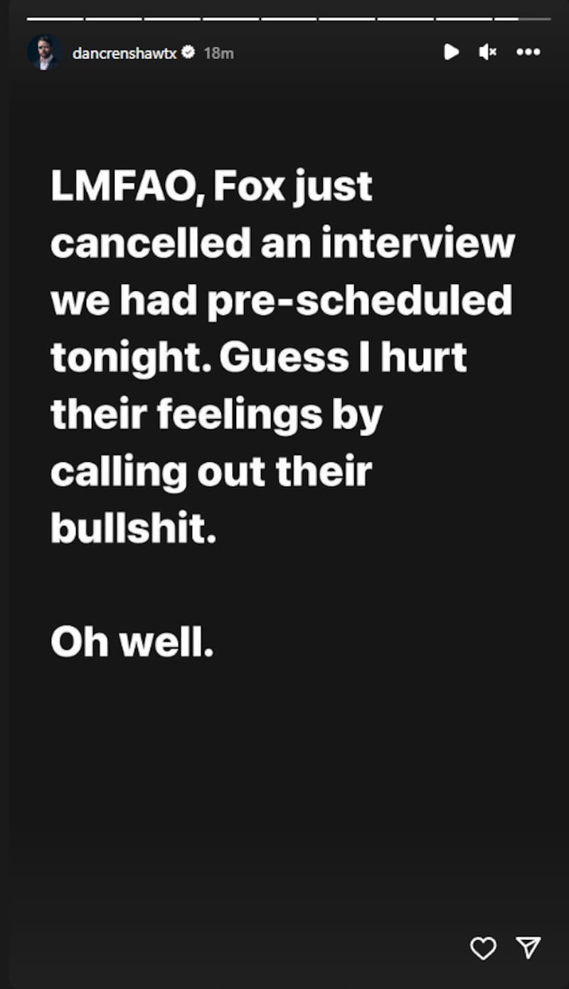 Dan Crenshaw accuses Fox News of canceling an interview due to his Jesse Watters attacks.