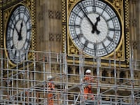 Construction work is carried out on the Elizabeth Tower, commonly known as Big Ben, in London.