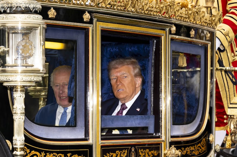 King Charles III and U.S. President Donald Trump travel by coach to Windsor Castle