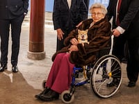 Princess Astrid attends the Opening of the "Royal Photographers" Exhibition with her rescue dog at The Queen Sonja Art Stable on February 15, 2024 in Oslo, Norway.