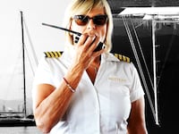 Photo collage of Captain Sandy Yawn in front of the Bayesian yacht