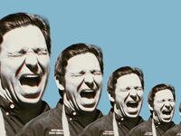 Photo illustration of a yelling Governor Ron DeSantis (R-FL) copied repeatedly getting progressive smaller.