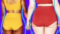 A photo illustration of women from behind holding hands on a purple background with blue lines.
