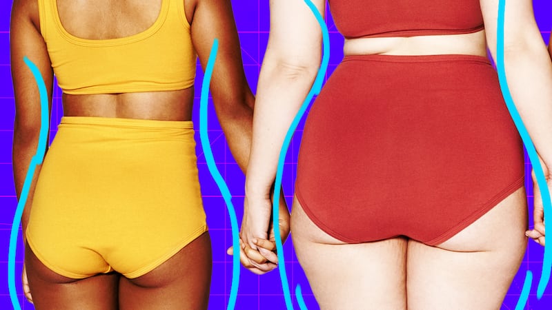 A photo illustration of women from behind holding hands on a purple background with blue lines.