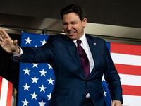Florida Governor and Republican presidential hopeful Ron DeSantis arrives at a watch party during the 2024 Iowa Republican presidential caucuses in West Des Moines, Iowa, on January 15, 2024.