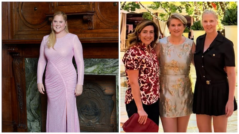 Amy Schumer in 2024 (left); Schumer with Alex Saks and Jillian Bell (right)