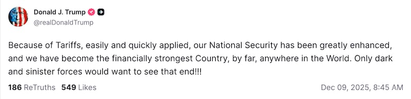 A screenshot of Trump's dark and sinister forces post.