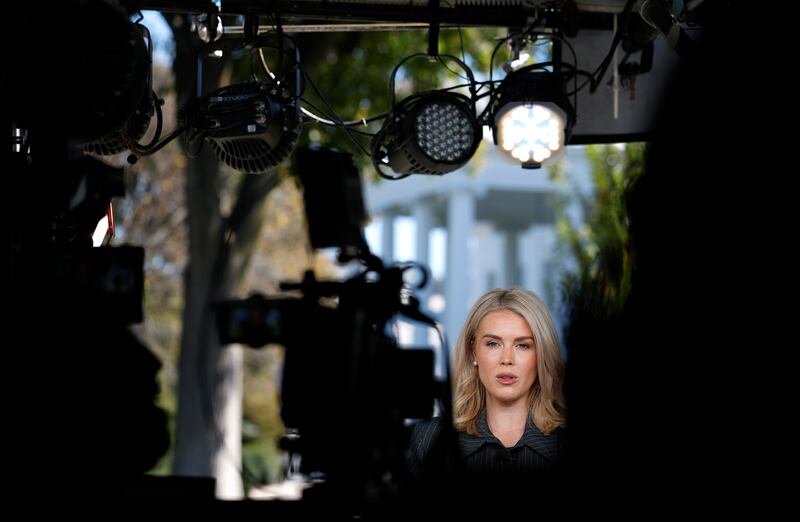 White House Press Secretary Karoline Leavitt participates in a television interview outside of the White House