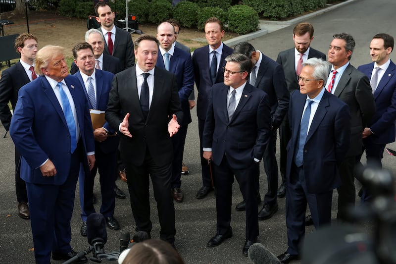 Elon Musk speaks as President Trump holds a press briefing outside the White House with AI executives, amid calls to slow AI development as safety concerns rise.