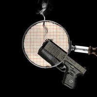 Photo illustration of a magnifying glass and a glock smoking gun