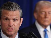 PALM BEACH, FLORIDA - JANUARY 03: U.S. Secretary of War Pete Hegseth speaks during a press conference with U.S. President Donald Trump at Mar-a-Lago club on January 03, 2026, in Palm Beach, Florida. During the event, President Trump confirmed that the U.S. military carried out a large-scale strike in Caracas overnight, resulting in the capture of Venezuelan leader Nicolas Maduro and his wife, Cilia Flores. (Photo by Joe Raedle/Getty Images)