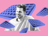 A photo illustration shows Antonio Mattei surrounded by air mattresses on a pink background