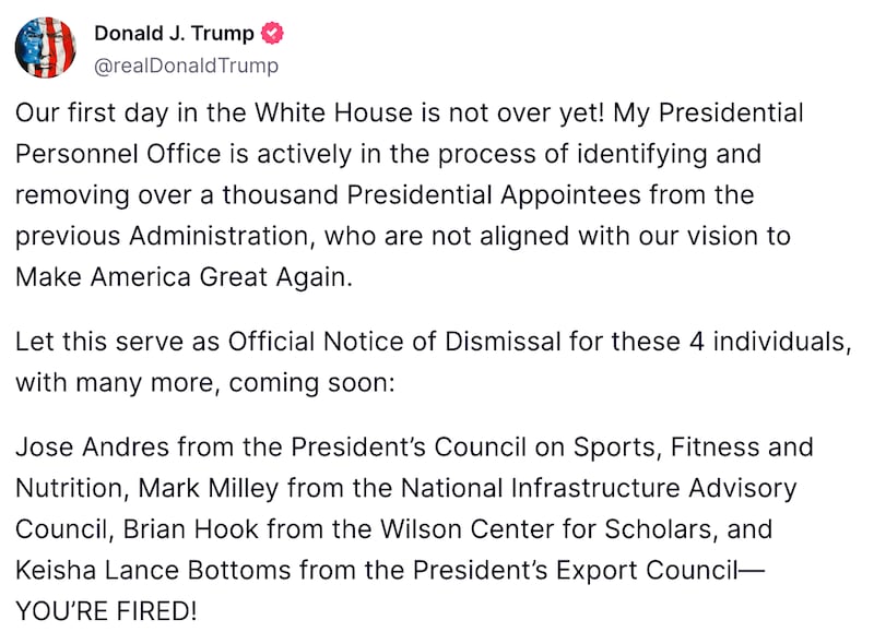 A post made shortly after midnight on President Donald Trump's first day in office says his administration is identifying and removing over a thousand appointees by his predecessor.