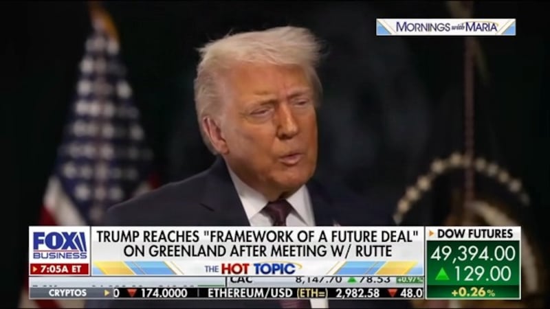 Trump speaking to Maria Bartiromo on Fox Business in Switzerland.