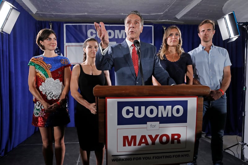 New York City mayoral candidate and former New York governor Andrew Cuomo (C) speaks during an election party following the primaries at the Carpenters Union in New York City on June 24, 2025.