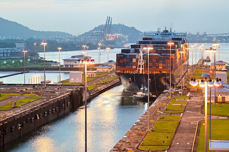 A cargo ship transits through Panama Canal Cocoli locks in Panama City on February 21, 2025.