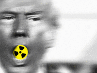 Donald Trump with a hazard symbol rolling out of his mouth