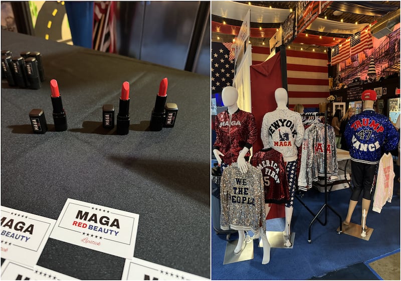 Lipsticks and apparel on sale at the America First Warehouse