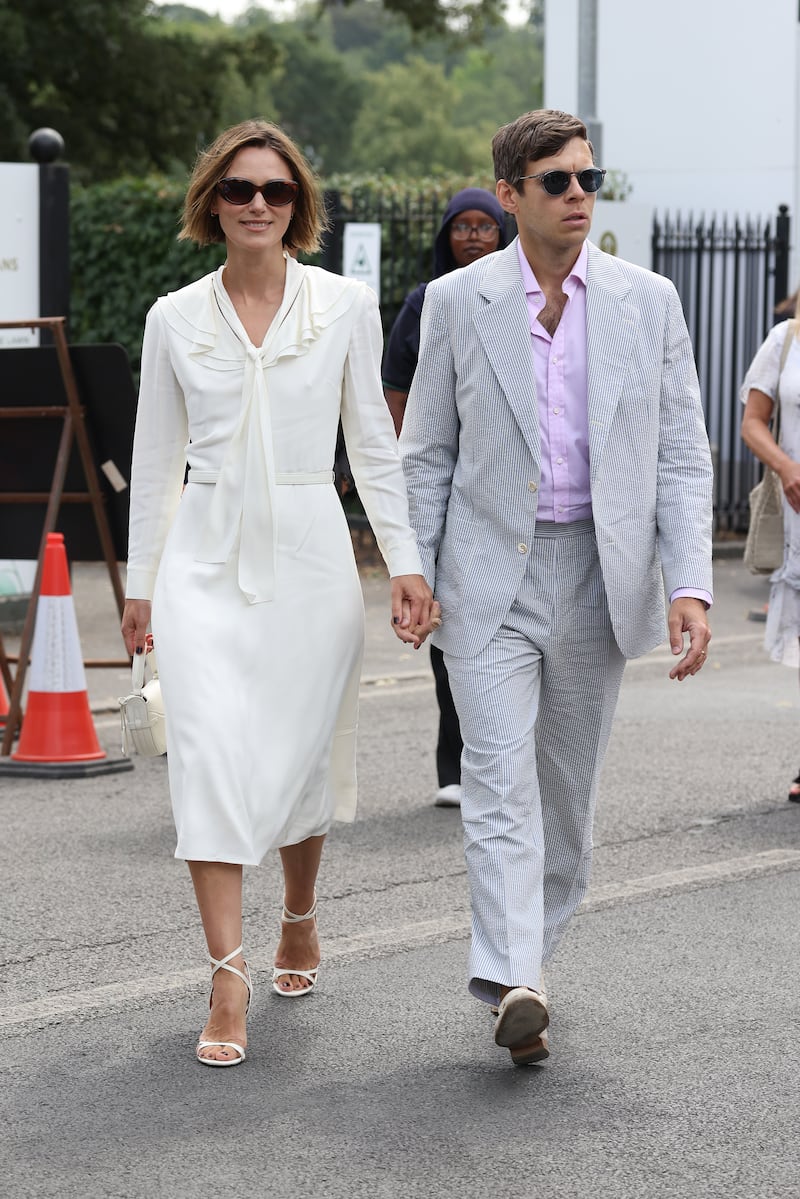 LONDON, ENGLAND - JULY 10: Keira Knightley and James Righton attend day twelve of the 2026 Wimbledon Tennis Championships at All England Lawn Tennis and Croquet Club on July 10, 2026 in London, England. (Photo by Neil Mockford/GC Images)
