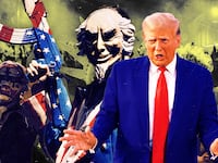 A photo illustration of Donald Trump and scenes from the movie franchise The Purge.