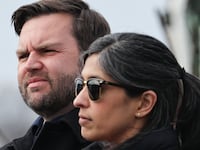 US Vice President JD Vance and Second Lady Usha Vance visit the site of a 2023 train derailment in East Palestine, Ohio, on February 3, 2025. Residents of East Palestine, Ohio, were forced to evacuate in February 2023, when a Norfolk Southern train carrying chemicals derailed, covering the area in thick black smoke. (Photo by Rebecca DROKE / POOL / AFP) (Photo by REBECCA DROKE/POOL/AFP via Getty Images)
