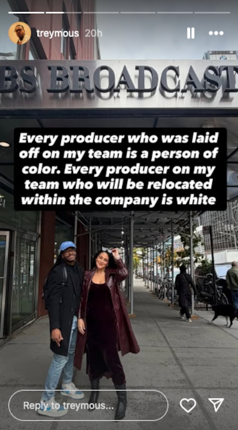 A screenshot from an Instagram story by Trey Sherman saying every producer on his team who was laid off is a person of color.