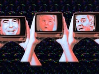 A photoillustration of three televisions being held up with the faces of Fox News hosts Jesse Watters, Sean Hannity, and Greg Gutfeld.