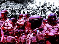 A photo illustration of Texas State Police and pro-Palestine student protestors on the University of Texas campus.