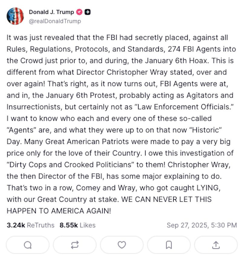 Trump described James Comey and Christopher Wray as 'two in a row' of FBI Directors 'caught lying.'