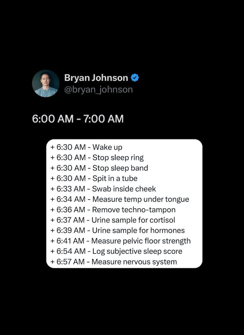 Bryan Johnson posted an hour-by-hour schedule of Kate Tolo’s days on Instagram.