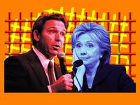 A photo illustration of Florida Governor Ron DeSantis and Hillary Clinton.