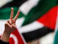 A pro-Palestinian supporter gestures in front of Palestinian flags with other supporters.