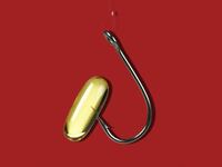 red background vascepa fish oil pill with a hook line and sinker