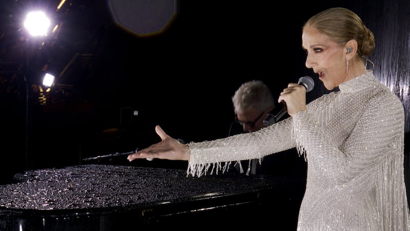 Celine Dion performing on the Eiffel Tower during the opening ceremony of the Paris 2024 Olympic Games