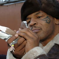 WALSALL, UNITED KINGDOM - NOVEMBER 18: Former world heavyweight boxing champion Mike Tyson meets up with a pigeon fancier Horace Potts (L), of Bloxwich, Walsall, West Midlands on November 18, 2005 in Walsall, England. Tyson who is well known for his love of pigeons dropped in to the home of pigeon fancier Horace Watts whilst on route to Birmingham, England, for a hotel dinner boxing event. (Photo by Stringer/Getty Images)