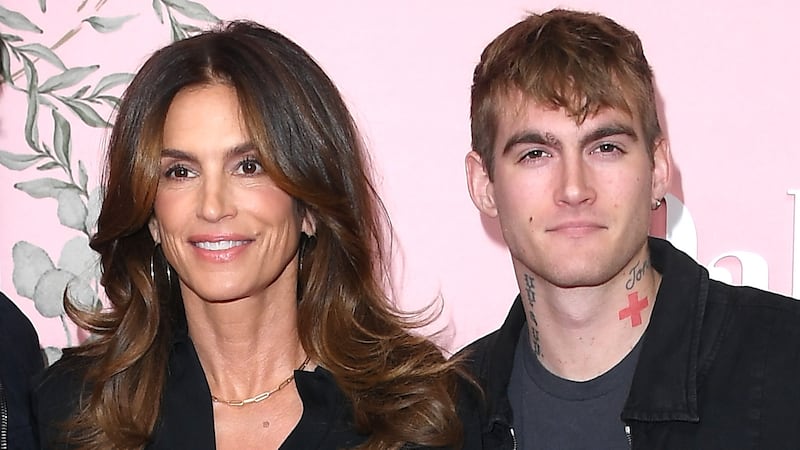 Rande Gerber, Cindy Crawford and Presley Gerber arrives at the World Premiere Of Apple TV+'s "Palm Royale" at Samuel Goldwyn Theater on March 14, 2024 in Beverly Hills, California.