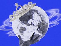 A photo illustration showing the world spinning with a royal crown on top.