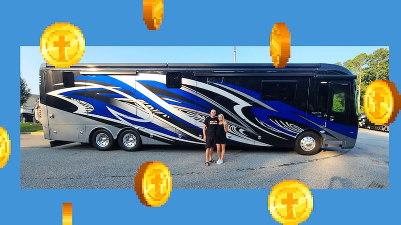 A photo illustration shows Eli and Kaitlyn Regalado in front of their RV