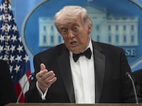 Donald Trump holds a press conference at the White House in Washington, DC, shortly after a shooting incident at the White House Correspondents' Dinner on April 25, 2026.