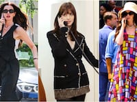 Anne Hathaway filming 'The Devil Wears Prada 2' in New York and a still of her from the original 'Devil Wears Prada' movie.