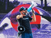 A photo illustration of activist Phil Demers and Tokitae the Orca at the Miami Seaquarium.