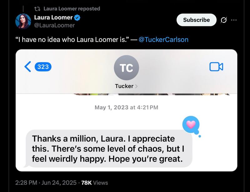 Laura Loomer posts a text she says is from Tucker Carlson.