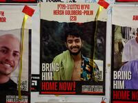 A view of a banner depicting Hersh Goldberg-Polin, an Israeli-American seized during the October 7 attack on Israel and taken hostage into Gaza