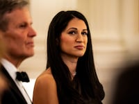 WASHINGTON, DC - FEBRUARY 21: Katie Miller, former advisor to the Department of Government Efficiency (DOGE), attends the National Governors Association Evening Dinner and Reception in the East Room of the White House on February 21, 2026 in Washington, DC. Trump is hosting the governors in Washington for the annual National Governors Association meetings. (Photo by Al Drago/Getty Images)