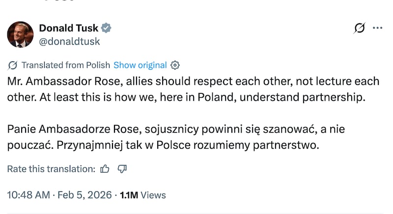 An X post from Poland's Prime Minister Donald Tusk in response to US Ambassador Tom Rose's attack on Poland's Parliament Speaker.